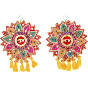 Set of 2 Shubh Labh Handmade Velvet Door Hangings Rajasthani Work Hanging for Home Decoration Latkan Jhumar Torans for Entrance Door Indian Traditional Festival Decoration (Size:-9"X7")(Multicolour)