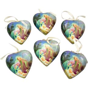 Set of 6! Heart Shaped Sleep in Heavenly Peace Holy Family Decoupage Christmas Ornament