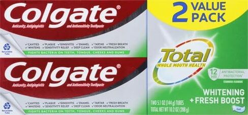 Colgate Total Whitening + Fresh Boost Toothpaste, Mint Toothpaste, 5.1 oz Tube, 2 Pack in Saudi Arabia