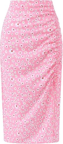 RoseSeek Girl's Summer Skirt Boho Floral Ruched Midi Skirt Split Thigh Waist Drawstring Skirt in Saudi Arabia