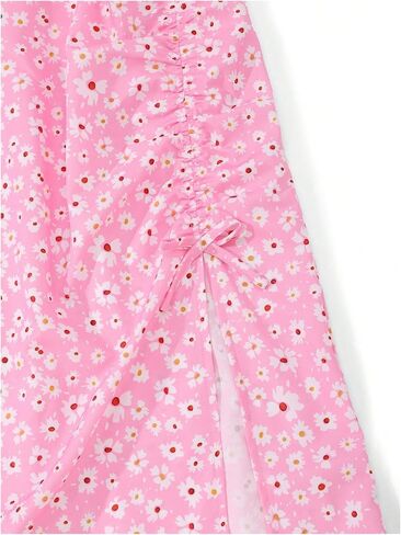 RoseSeek Girl's Summer Skirt Boho Floral Ruched Midi Skirt Split Thigh Waist Drawstring Skirt in Saudi Arabia