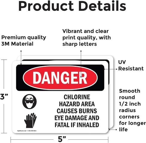 (2 Pack) Chlorine Hazard Area OSHA Danger Sign 5 Inch X 3.5 Inch Vinyl Label Decal Sticker Weather Resistant, UV Protected for Workplace, Business, and Construction Site, Made in the USA in Saudi Arabia