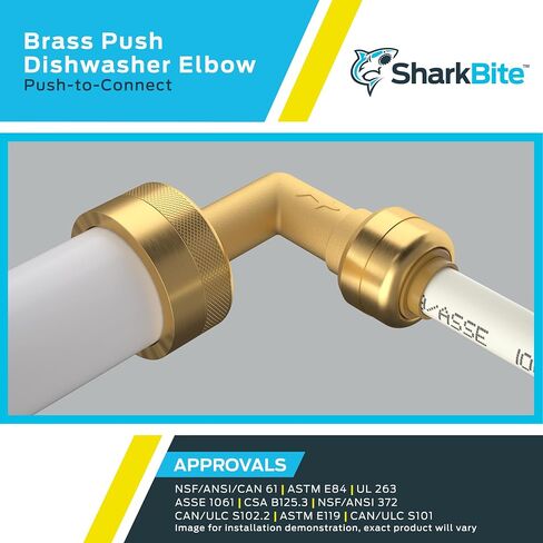 مرفق غسالة الأطباق SharkBite بحد أقصى 1/2 بوصة × 3/8 بوصة 90 درجة، MNPT، ادفع لتوصيل تركيبات السباكة النحاسية، أنابيب PEX، النحاس، CPVC، PE-RT، HDPE، UR281A in Kuwait