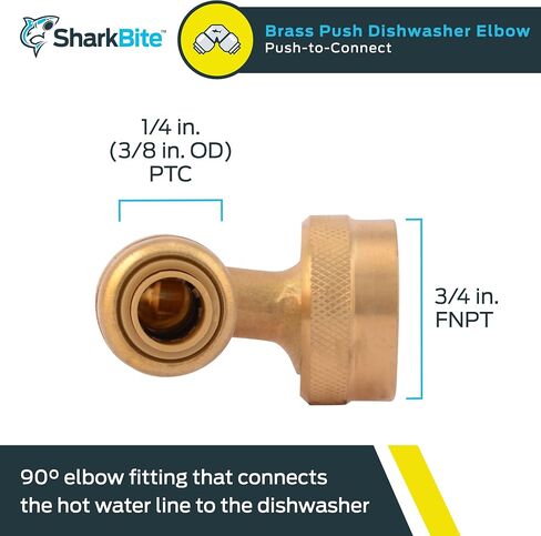مرفق غسالة الأطباق SharkBite بحد أقصى 1/2 بوصة × 3/8 بوصة 90 درجة، MNPT، ادفع لتوصيل تركيبات السباكة النحاسية، أنابيب PEX، النحاس، CPVC، PE-RT، HDPE، UR281A in Kuwait