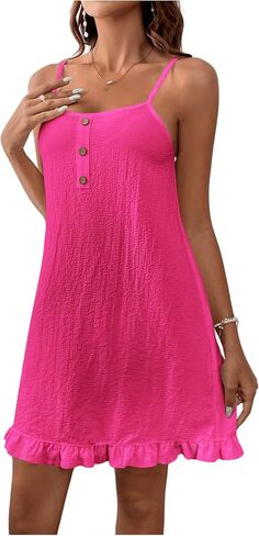COZYEASE Women's Ruffle Hem Cami Mini Dress Button Down Spaghetti Strap Short Dresses in Saudi Arabia