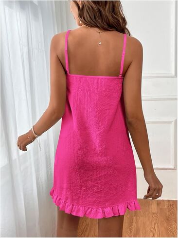 COZYEASE Women's Ruffle Hem Cami Mini Dress Button Down Spaghetti Strap Short Dresses in Saudi Arabia