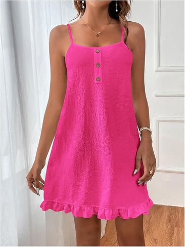 COZYEASE Women's Ruffle Hem Cami Mini Dress Button Down Spaghetti Strap Short Dresses in Saudi Arabia
