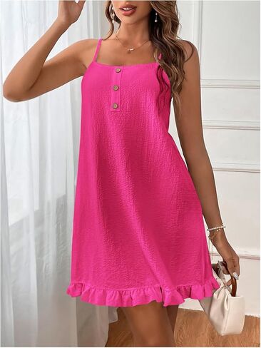 COZYEASE Women's Ruffle Hem Cami Mini Dress Button Down Spaghetti Strap Short Dresses in Saudi Arabia