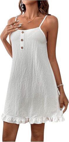 COZYEASE Women's Ruffle Hem Cami Mini Dress Button Down Spaghetti Strap Short Dresses in Saudi Arabia