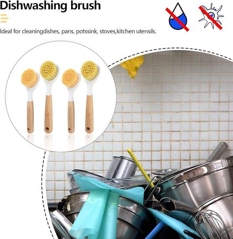 فرشاة أطباق بمقبض من الخيزران، 4 قطع من فرش أطباق المطبخ، فرشاة تنظيف المطبخ لتنظيف الأطباق، الوعاء، مقالي الشواية، حديد الزهر، غسيل الأطباق، حوض المطبخ، فرش الحمام in Kuwait