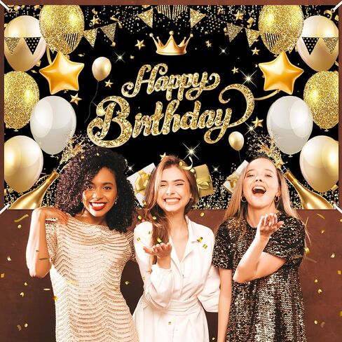 Happy Birthday Banner Backdrop Black and Gold - 71 x 43 IN Fabric - Large Happy Birthday Sign for Backdrop, Birthday Party Photo Background Decorations for Men Women in Saudi Arabia