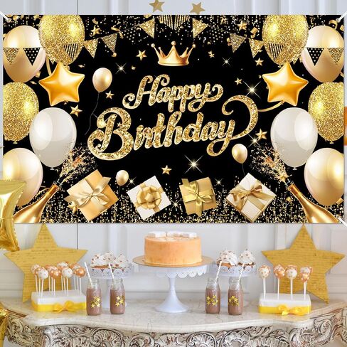Happy Birthday Banner Backdrop Black and Gold - 71 x 43 IN Fabric - Large Happy Birthday Sign for Backdrop, Birthday Party Photo Background Decorations for Men Women in Saudi Arabia