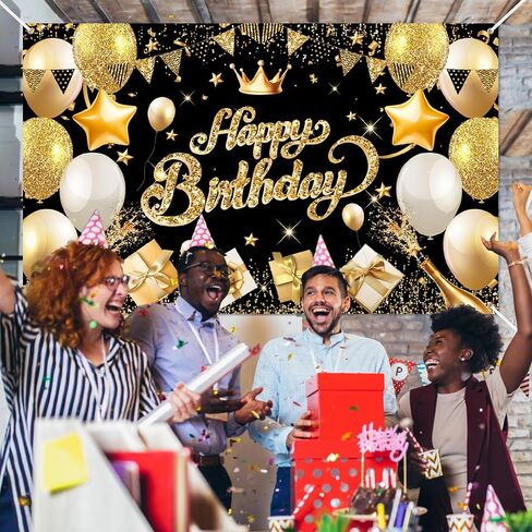 Happy Birthday Banner Backdrop Black and Gold - 71 x 43 IN Fabric - Large Happy Birthday Sign for Backdrop, Birthday Party Photo Background Decorations for Men Women in Saudi Arabia