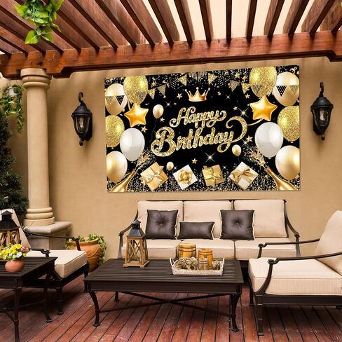 Happy Birthday Banner Backdrop Black and Gold - 71 x 43 IN Fabric - Large Happy Birthday Sign for Backdrop, Birthday Party Photo Background Decorations for Men Women in Saudi Arabia