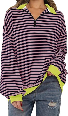 Womens Oversized Striped Color Block Sweatshirt Long Sleeve Shirt Half Zip Pullover Fall Fashion Clothing in Saudi Arabia