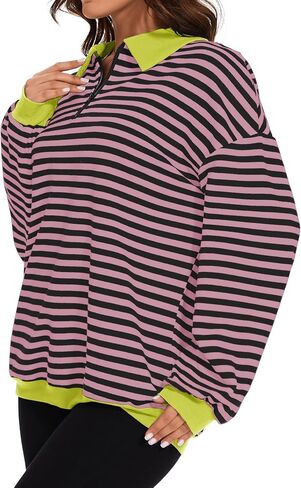 Womens Oversized Striped Color Block Sweatshirt Long Sleeve Shirt Half Zip Pullover Fall Fashion Clothing in Saudi Arabia