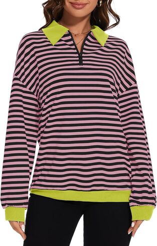 Womens Oversized Striped Color Block Sweatshirt Long Sleeve Shirt Half Zip Pullover Fall Fashion Clothing in Saudi Arabia