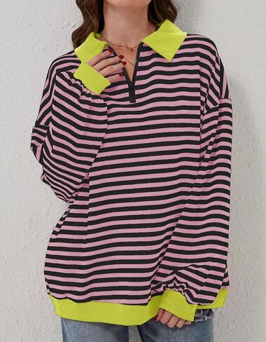 Womens Oversized Striped Color Block Sweatshirt Long Sleeve Shirt Half Zip Pullover Fall Fashion Clothing in Saudi Arabia