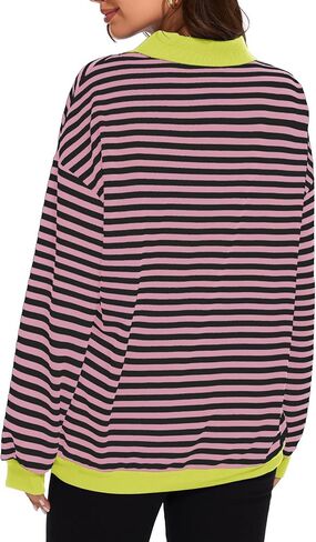 Womens Oversized Striped Color Block Sweatshirt Long Sleeve Shirt Half Zip Pullover Fall Fashion Clothing in Saudi Arabia