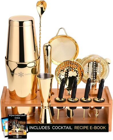 Cocktail Shaker Set 18 Piece, Mixology Equipment, All-in-One Cocktail Set, Drink Shaker, Strainers and Essential Bar Tools, Bar Set for Beginner & Professional Use, Gold - WinterCastle Enterprises in Saudi Arabia