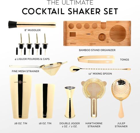 Cocktail Shaker Set 18 Piece, Mixology Equipment, All-in-One Cocktail Set, Drink Shaker, Strainers and Essential Bar Tools, Bar Set for Beginner & Professional Use, Gold - WinterCastle Enterprises in Saudi Arabia