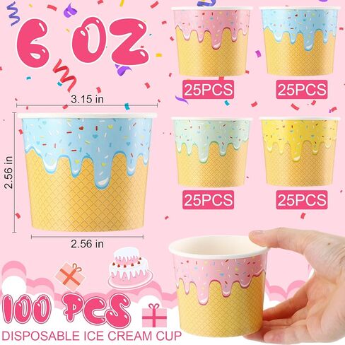 Paper Ice Cream Cups Bulk Disposable Dessert Bowls Ice Cream Bowls Paper Dessert Cups Ice Cream Party Bowls for Sundae Soup Frozen Yogurt Cold or Hot Food Party Supplies(6 oz, 100 Pcs) in Kuwait