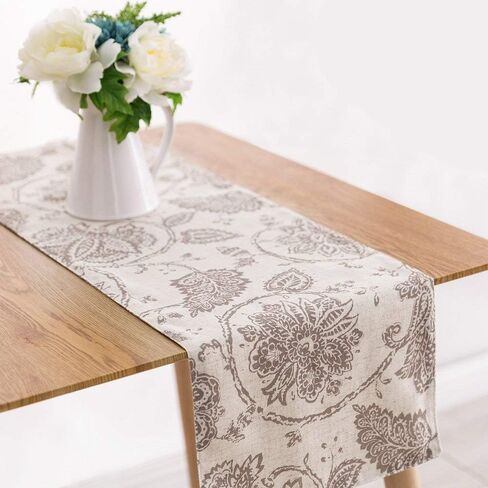JINCHAN Linen Table Runner Farmhouse Scroll Pattern Table Runner Decorative Burlap Table Runners Floral Coffee Table Runner for Dresser Dining Room 1 Panel 13x72 Inch Taupe on Beige in Saudi Arabia