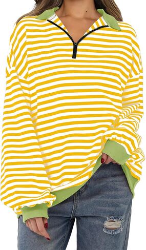 Womens Oversized Striped Color Block Sweatshirt Long Sleeve Shirt Half Zip Pullover Fall Fashion Clothing in Saudi Arabia