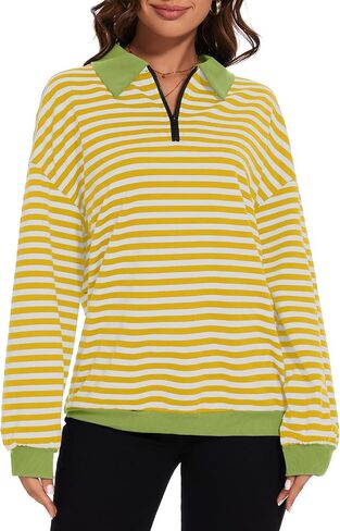 Womens Oversized Striped Color Block Sweatshirt Long Sleeve Shirt Half Zip Pullover Fall Fashion Clothing in Saudi Arabia
