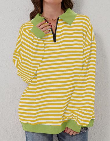 Womens Oversized Striped Color Block Sweatshirt Long Sleeve Shirt Half Zip Pullover Fall Fashion Clothing in Saudi Arabia