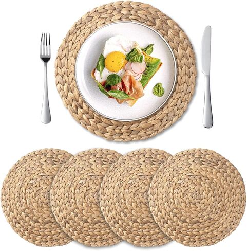 6 Pack, Round Woven Placemats, Natural Water Hyacinth Place mats, Braided Straw Table Mats for Dining Table (13.8 inch) in Kuwait