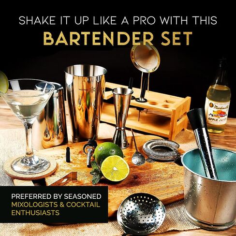 Cocktail Shaker Set 18 Piece, Mixology Equipment, All-in-One Cocktail Set, Drink Shaker, Strainers and Essential Bar Tools, Bar Set for Beginner & Professional Use, Gold - WinterCastle Enterprises in Saudi Arabia