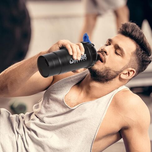 زجاجة شيكر 18 أونصة زجاجات شيكر بروتين مع تخزين مسحوق وحقيبة حبوب 500 مل كوب شيكر جيم لمزيج البروتين مع كرة مزج مقاومة للتسرب زجاجة خلاط لمرحلة ما قبل التمرين، خالية من مادة BPA (أسود) in Saudi Arabia