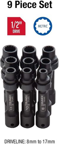 SUNEX TOOLS 2695، مجموعة مقبس خلوص محدود لمحرك الأقراص مقاس ½ بوصة، 12 نقطة، 9 قطع، متري، 8 مم - 17 مم، فولاذ Cr-Mo، حقيبة تخزين شديدة التحمل in Saudi Arabia