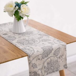 JINCHAN Linen Table Runner Farmhouse Scroll Pattern Table Runner Decorative Burlap Table Runners Floral Coffee Table Runner for Dresser Dining Room 1 Panel 13x72 Inch Taupe on Beige