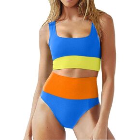 Womens High Waisted Bikini Set 2 Piece Color Block Swimsuits Sporty Full Coverage Bathing Suit Teens Girls