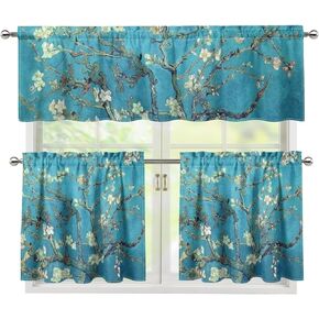 Almond Blossoms Tree Oil Painting 3 Piece Kitchen Curtains Valance and Tiers Set Rod Pocket Kitchen Curtain with Valance and Tier for Cafe and Laundry Room (Tier 24 Inches Long)