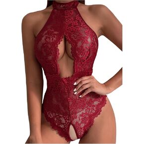 OYOANGLE Women's Floral Lace Cut Out Halter Babydoll Lingerie Scallop Trim Backless Teddy Bodysuits