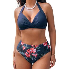 CUPSHE Women's Bikini Sets for Women Large Bust Two Piece Bathing Suit High Waisted V Neck Halter Back Tie Twisted Front