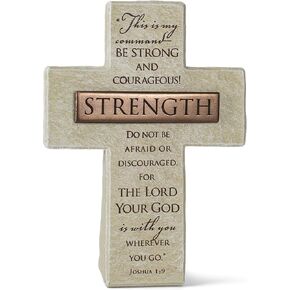 Lighthouse Christian Products Strength in The Lord Sandstone 5.5 Inch Cast Stone Bronze Title Bar Cross Figurine