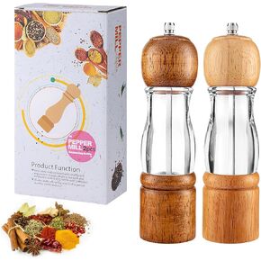 Wooden Salt and Pepper Grinder set, 8 Inch Manual Salt and Pepper Mills with Adjustable Ceramic Core, Pepper Mill Grinder for Kitchen, Pack of 2
