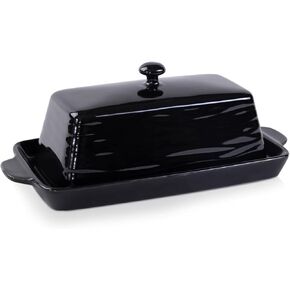 Yachi Porcelain Butter Dish, Embossed Rectangular Butter Holder Cheese Container with Lid and Handles Home Kitchen Countertop, Dish washer Safe, Black