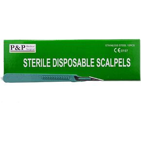 Disposable Scalpels Sterile Surgical Blade Size 11 Stainless Steel with Plastic Handle & Metric Line Individually Foil Wrapped by P&P MEDICAL SURGICAL Box of 10