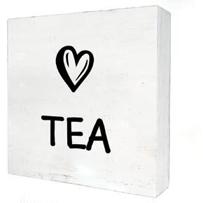 Tea Wooden Box Sign with Saying Desk Decor 5 x 5 Inch Farmhouse Kitchen Tea Lovers Box Sign Wood Plaque Block Sign Rustic Home Office Decor