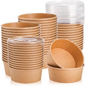 50 Pack Kraft Paper Bowls with Lid, 25 Oz Disposable Soup Salad Serving Bowls, To Go Food Container for Party Dessert, Ice Cream, Yogurt, Microwave Freezer Safe