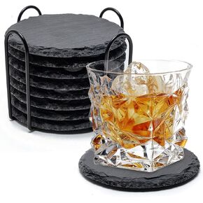Slate Coasters 8 Piece Set - Stone Coaster with Holder Ideal for Engraving, Painting, Bar Table Home Decor, Round