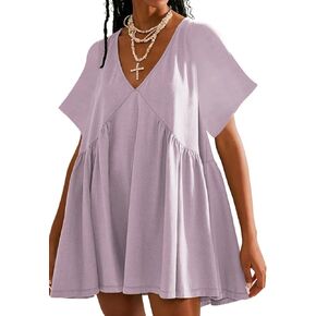 فستان Watashi النسائي الصيفي قصير الأكمام قصير الأكمام ورقبة على شكل حرف V كاجوال فضفاض ومطوي فستان قصير برقبة الدمية مع جيوب in Kuwait