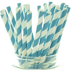 Aqua Blue Striped Drinking Straws - 25 Pack - Vintage Bulk Paper Straws, Aqua Blue Stripe Party Straws