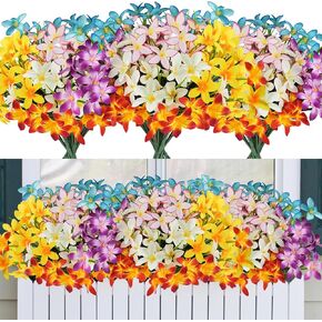12 Pcs Artificial Flowers for Outdoors, Colorful Plastic Silk Fake Flowers Lily UV Resistant Plants Greenery for Indoor Outside Garden Porch Window Box Pot Wedding Entryway Decor