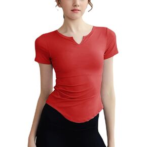 DREAM SLIM Womens Short Sleeve Workout Shirts Fashion V Notch Slim Fitted Tops Solid Summer Casual Athletic T Shirts